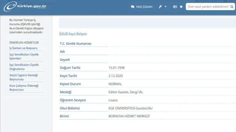 İŞKUR Kayıt Belgesi Örneği